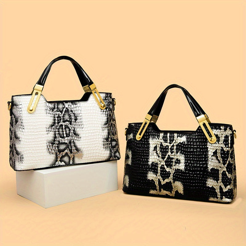 Large Capacity Crocodile Embossed Synthetic Crossbody Bag Black Vintage European American Style Shoulder Bag with Golden Tone Hardware Zipper Closure Polyester Lining