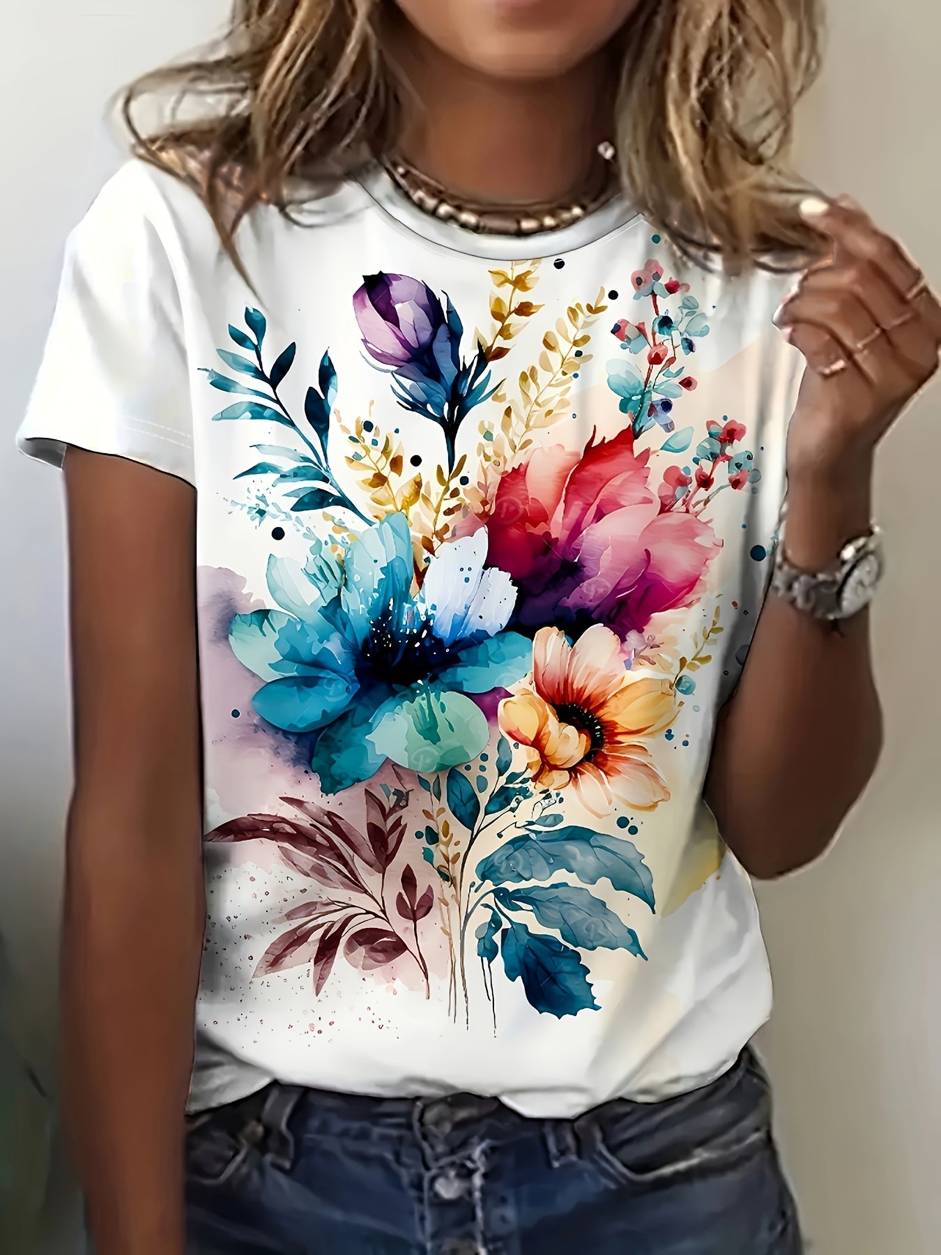 1pc Women'S Floral Print Short Sleeve T-Shirt, Casual Crew Neck Knit Top with Medium Stretch, Polyester and Spandex Blend, Regular Fit for Spring/Fall - Machine Washable