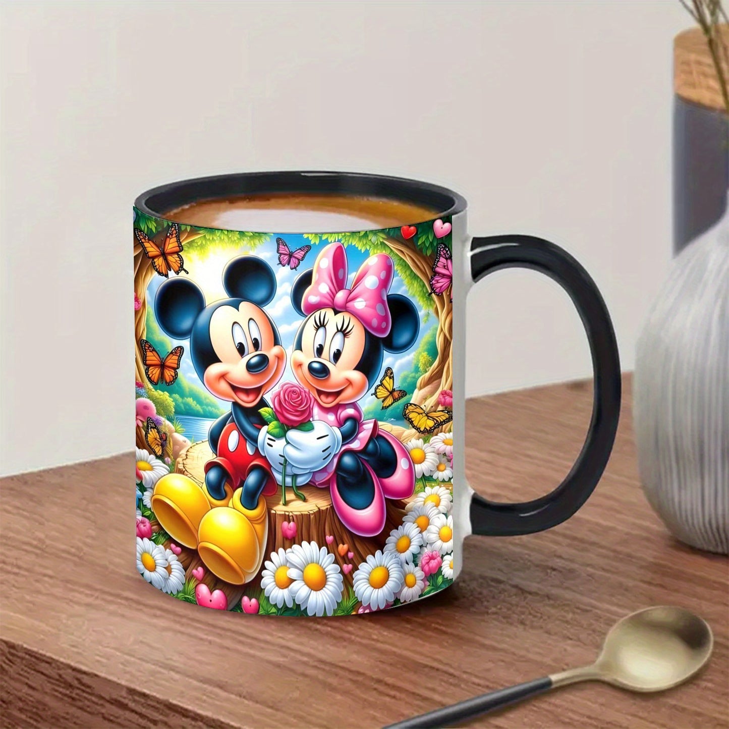 1pc Disney Mickey & Minnie Mouse 11oz Mug - Vibrant Tropical Design with Flowers, Butterflies & Hearts - Durable Coffee Tea Cup for Home, Office, Restaurants - Perfect Birthday Easter Gift for Disney Fans