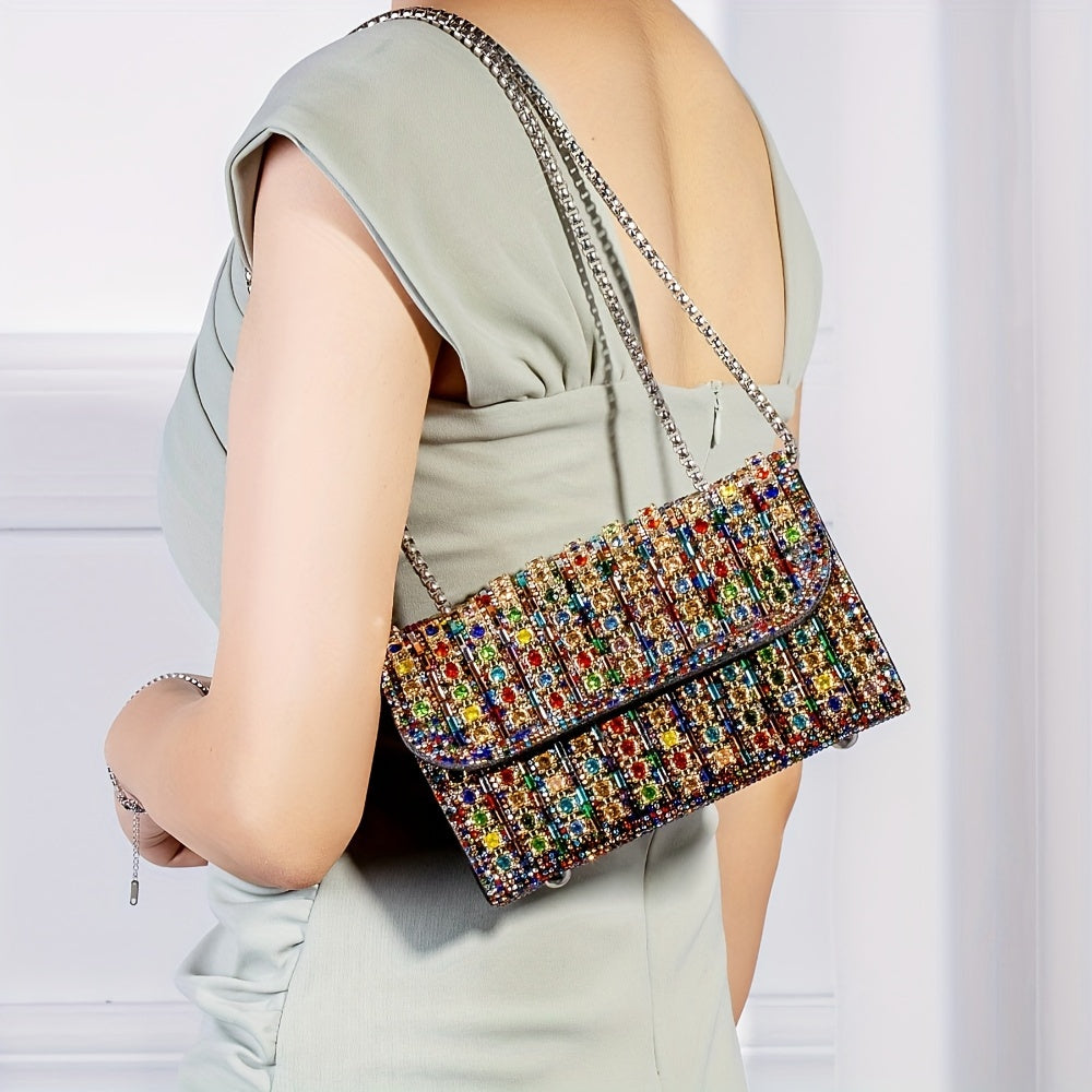 Double-Sided Water Drill Ladies' Evening Clutch - Luxurious Chain, Shiny Handbag Wallet, Stylish Shoulder Bag for Parties, Weddings