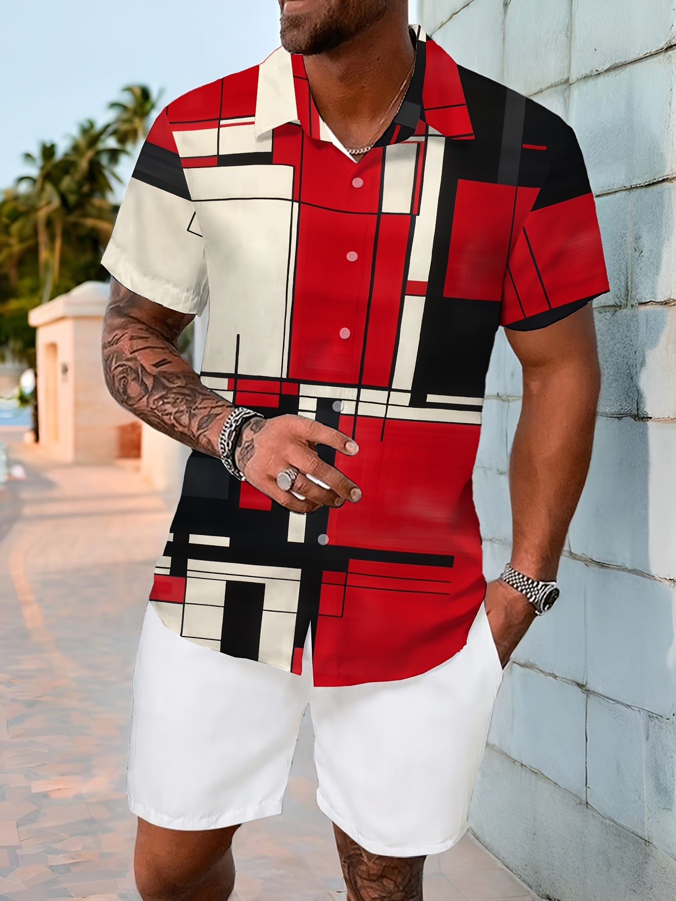 Men's Casual Short-Sleeve Shirt | Multi-Color Geometric Print | Polyester, Non-Stretch Fabric | Machine Washable | Summer Fashion with Turn- Collar & Button Details | Ideal for Daily Wear, Short Sleeve Tops