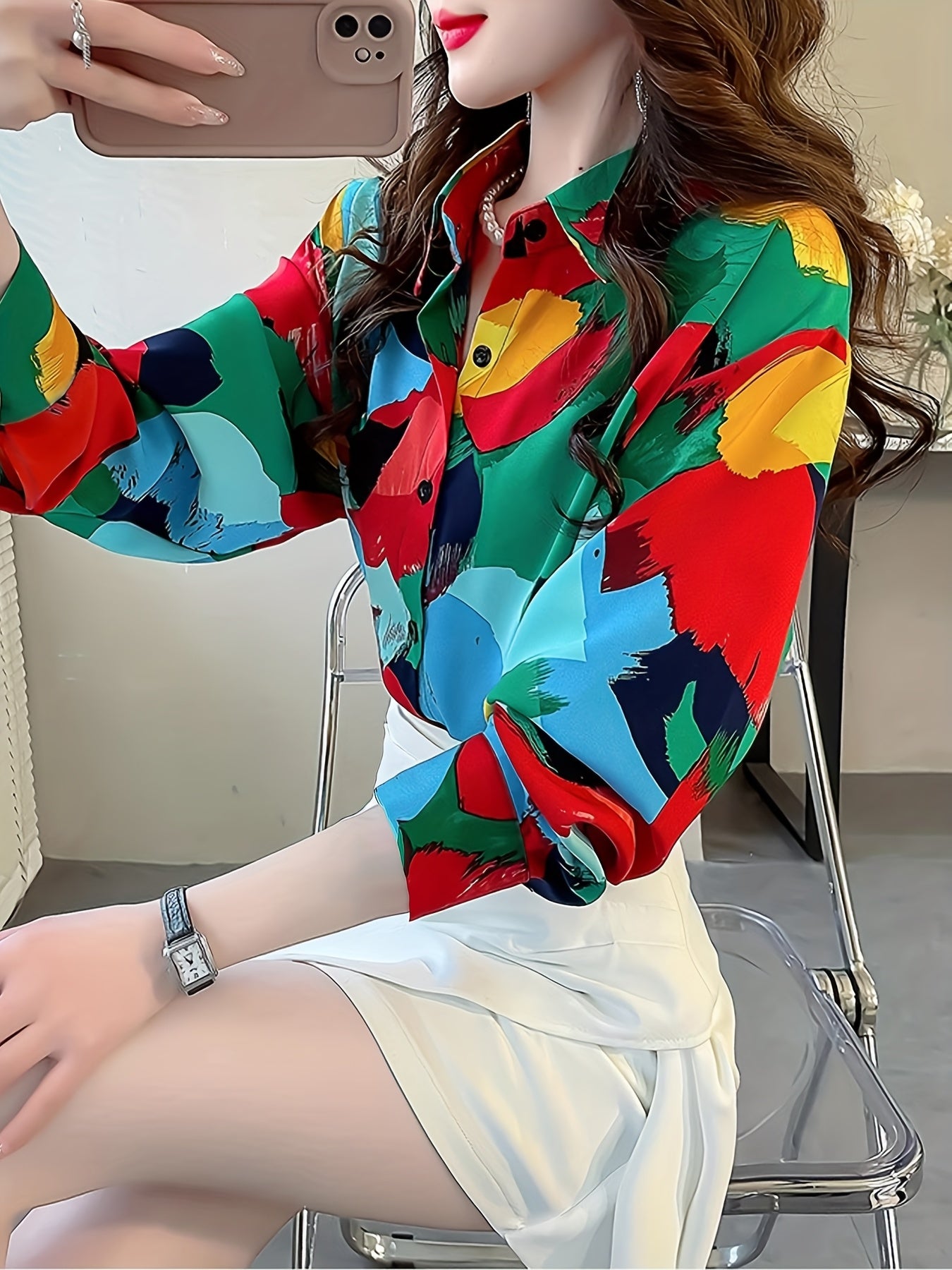 Women's Geometric Print Collar Blouse - Long Sleeve Button-Up Shirt with Vibrant Color Block Design, Fit & Machine Washable for Spring/Fall Casual & Formal Wear, Elegant Fashion Top, Sophisticated Pattern