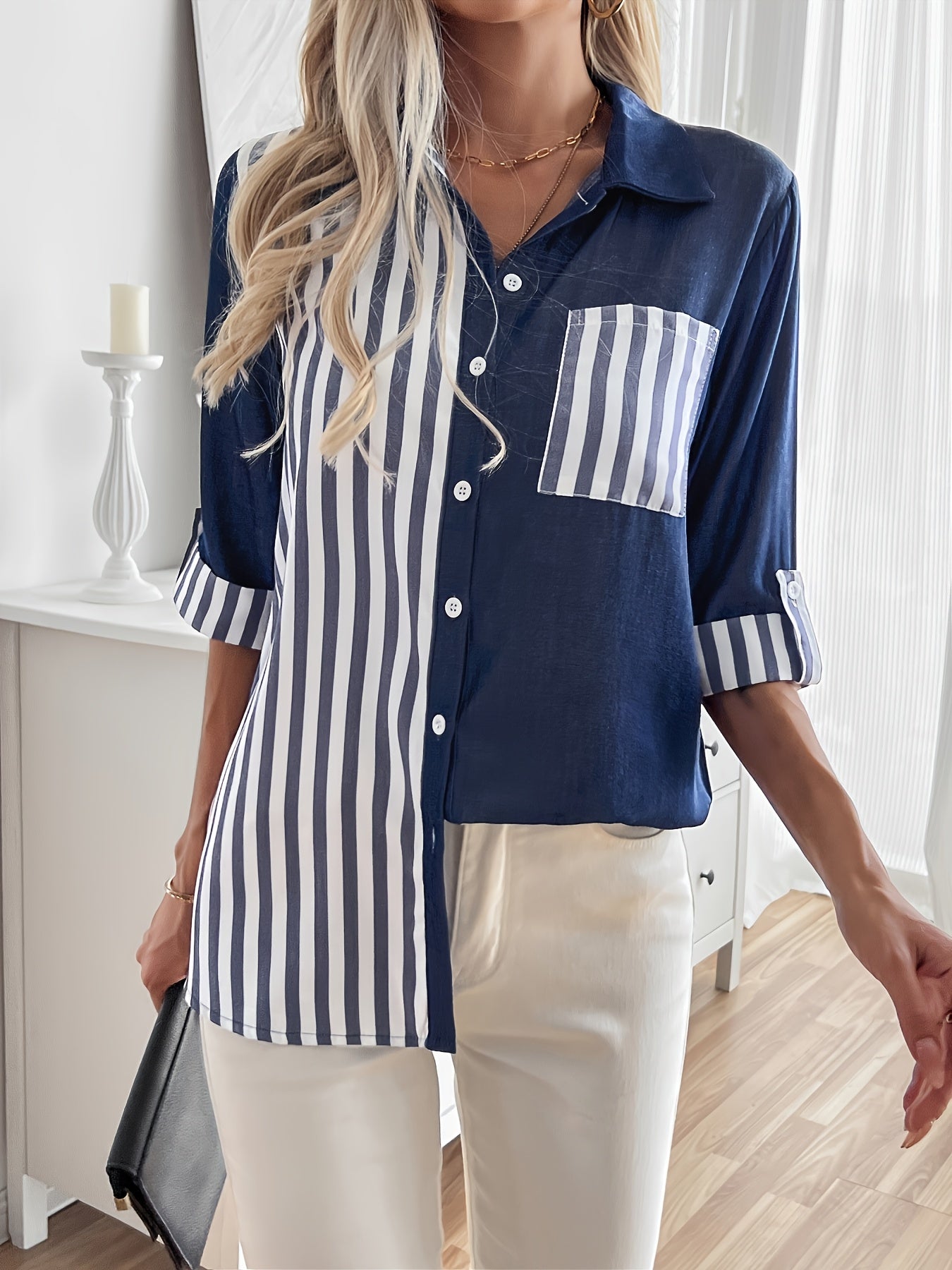 Fashionable Women'S Casual Color Block Shirt