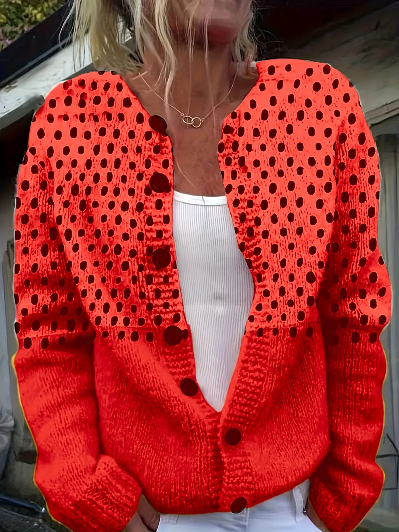 Plus Size - Women'S Plus Size Casual Red & White Polka Dot Print Cardigan - Lightweight Long Sleeve Open Front Button Sweater for Spring/Fall Layering, Hand Wash Only, Cardigan Sweater, Spring Outerwear, Trendy Knitwear, Text