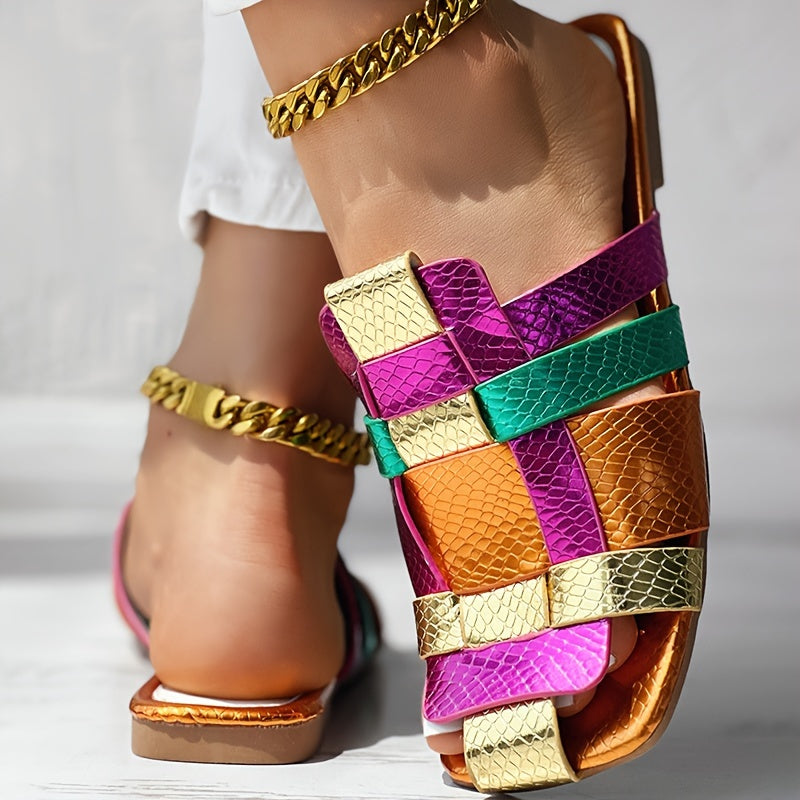 CHICME Women's Color-Block Slip-On Square Toe Sandals - Metallic Golden & Purple Faux Cover Casual Shoes with PU Sole, Flat Comfortable Design for Summer Outings, Ladies Shoes And Sandals, Easy Wear Footwear, Durable Comfort