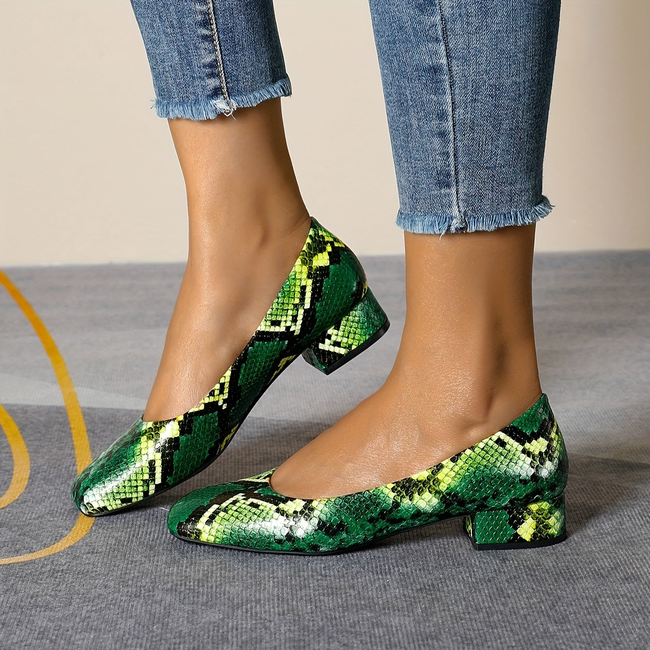 Women's Snake-Print Square Toe Low Block Heel Slip-On Shoes - Vibrant Green Faux Cover Comfortable Casual & Formal Dress Shoes with Non-Slip Rubber Sole, All-Season Versatile (Extended Sizes Available), Everyday Stylish Wear,