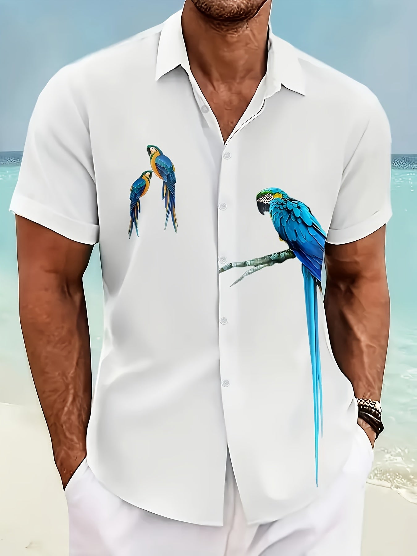 Men's Hawaiian Button- Shirt with Vibrant Parrot Print - Lightweight Breathable Short Sleeve Casual Shirt for Summer Vacation & Dates, Machine Washable Regular Fit, Ideal Gift for Him, Hawaiian Shirt, Date Night Apparel, Easy