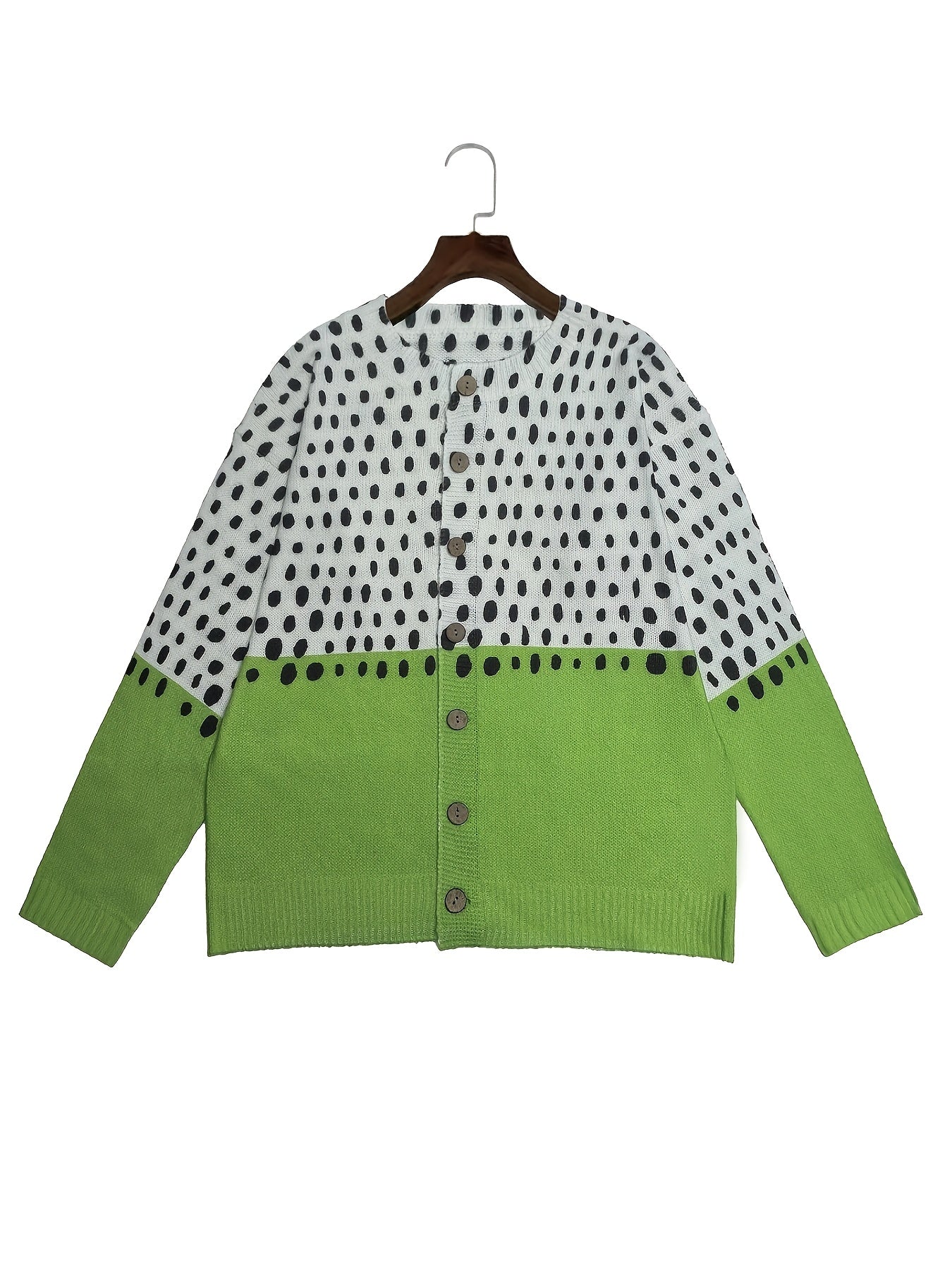 Women'S Stylish Green and White Polka Dot Cardigan - Round Neck, Button-Up Knit Sweater, Layered Design, Long Sleeves, Shiny Finish - Perfect for Casual or Younger Style Attire, Casual Wear|Layered Cardigan|Polyester Fabric