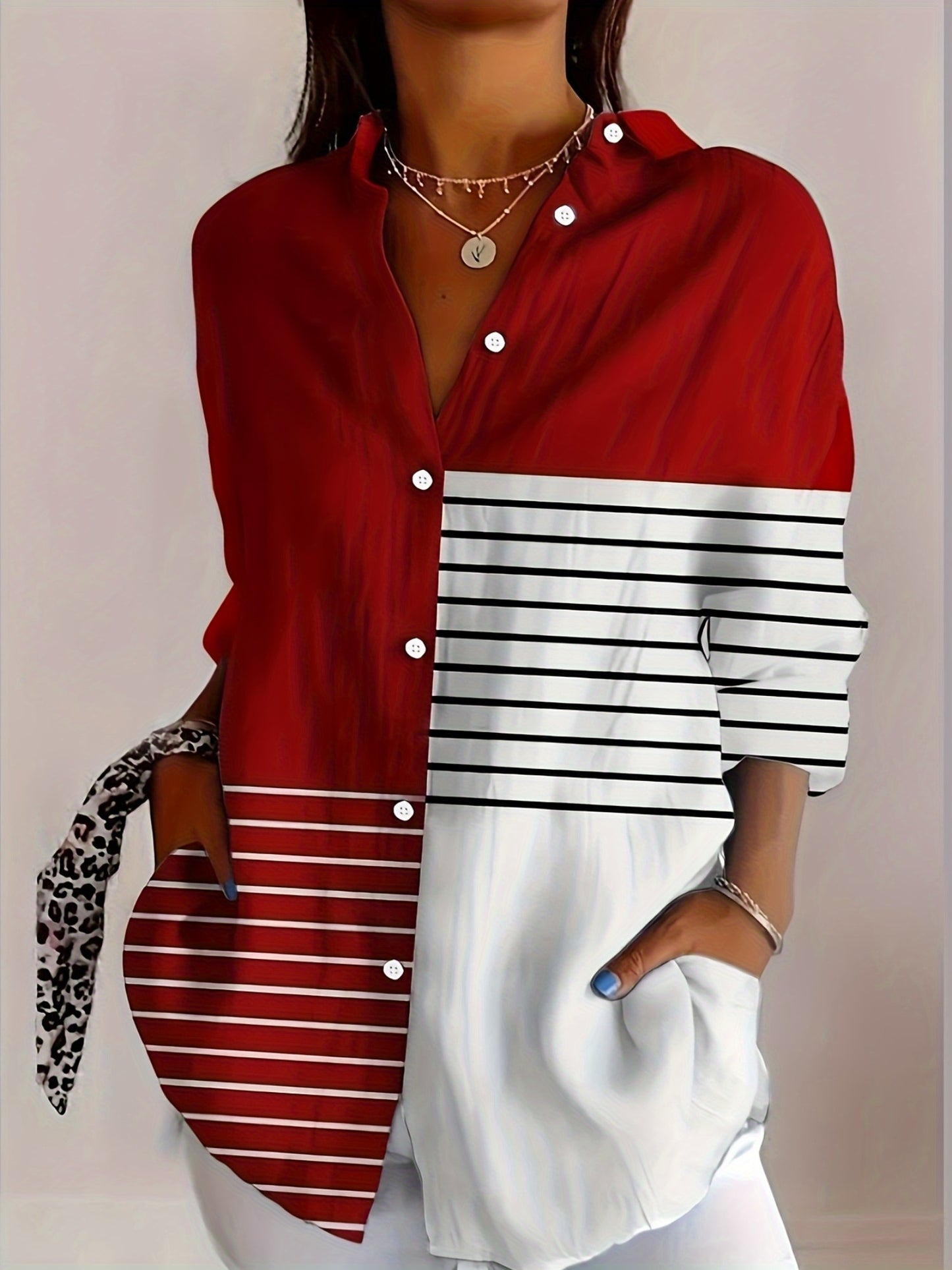 Women'S Casual Striped Button-Up Shirt - Red & White Vertical Stripes, Short Sleeve, Collar, Lightweight Polyester, Perfect for Spring/Fall, Ladies T Shirts