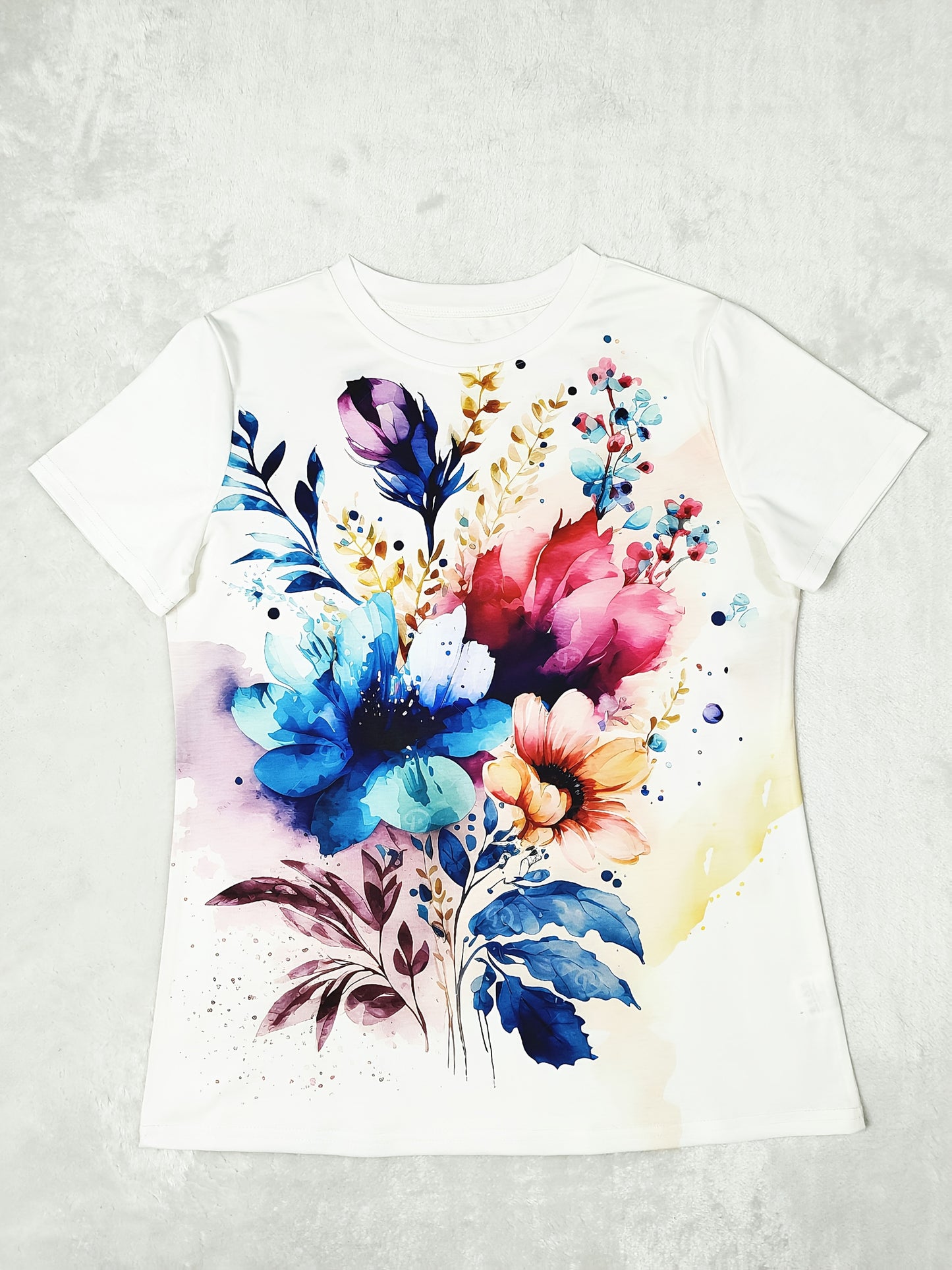 1pc Women'S Floral Print Short Sleeve T-Shirt, Casual Crew Neck Knit Top with Medium Stretch, Polyester and Spandex Blend, Regular Fit for Spring/Fall - Machine Washable