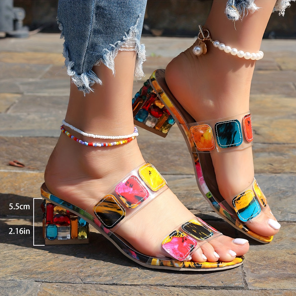 Women's Colorful Mosaic Print Slip On Sandals with Double Ankle Straps and Block Heels for Summer Casual Outings and All Season Wear