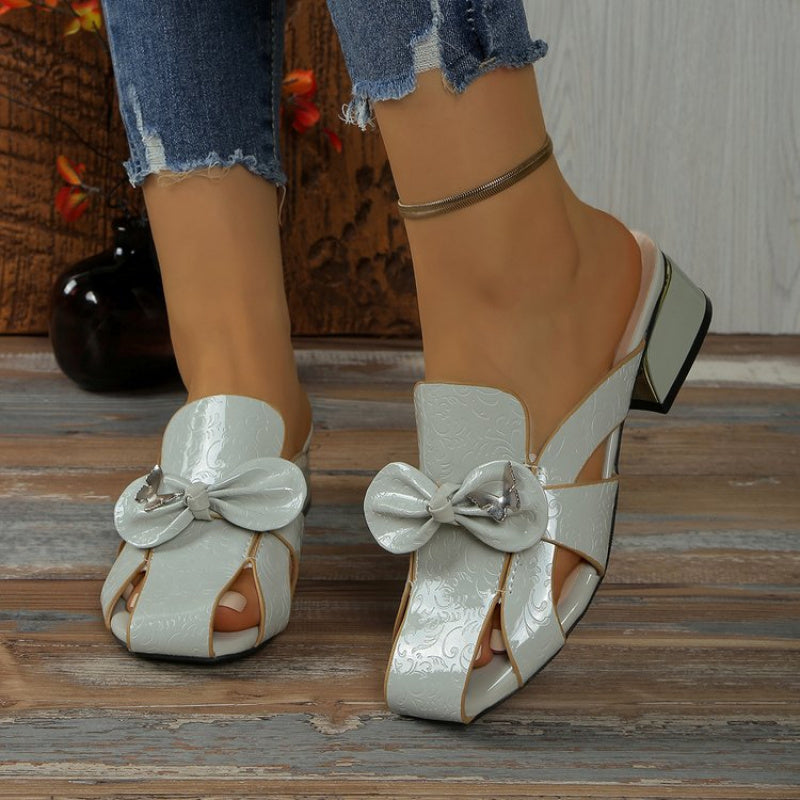 Women'S Summer Butterfly Open-Toe Slide Sandals - Low Heel, Solid Color, Rubber Sole, Faux Cover Upper, Bow Detail, Comfortable & Stylish for Casual Wear, Strappy Sandals