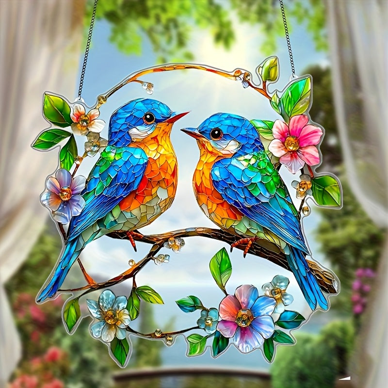 2D Flat 1pc Acrylic Blue Birds Garden Suncatchers 8x8 Window Hanging Gifts for Bird Lovers Home Decor