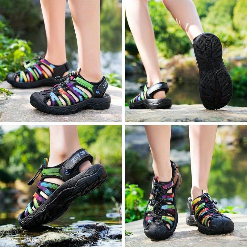 Women's Lightweight Closed-Toe Hiking Sandals - High Quality Leather Upper, Cushioned EVA Insole & Non-Slip Rubber Sole with Adjustable Bungee Laces for Summer Outdoor Activities, Beach, Hiking, Water Sports, Hiking Accessori