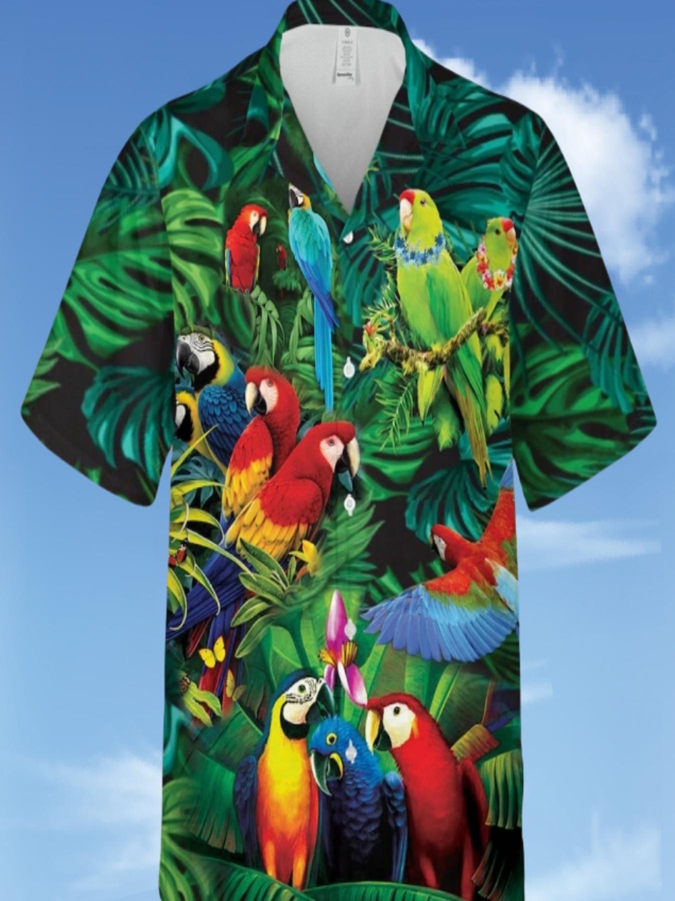 Men's Hawaiian Shirt - Tropical Parrot & Foliage Print, Unisex Loose Fit Short Sleeve Button-Up, Breathable Lightweight Fabric for Beach Vacation & Casual Summer Wear, Machine Washable, Romantic Resort Attire, Semitransparent