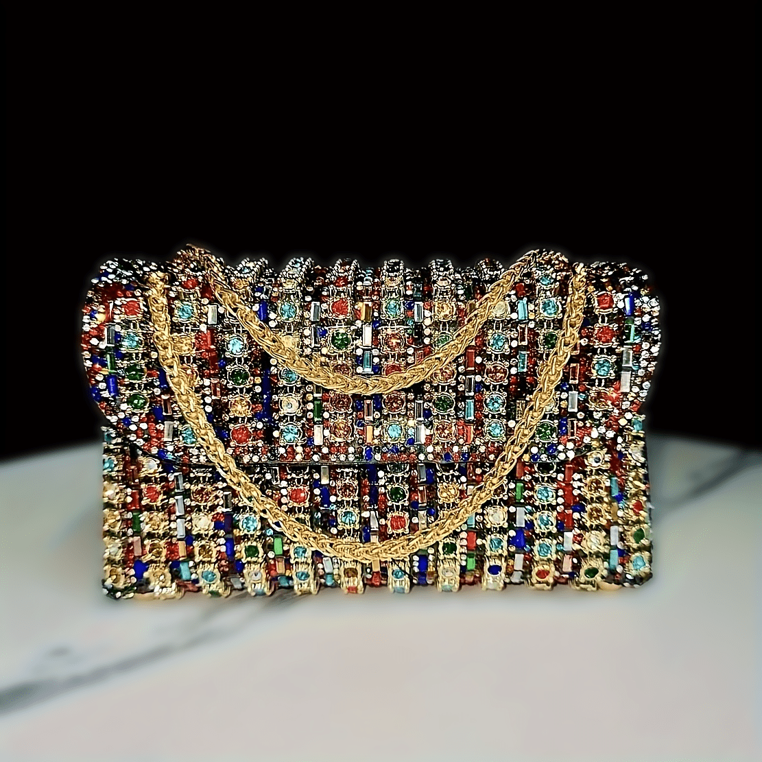 Luxurious Rhinestone and Beaded Women’s Evening Clutch Elegant Multicolor PU Handbag with Adjustable Strap and Golden Tone Hardware for Banquets Weddings and Formal Events
