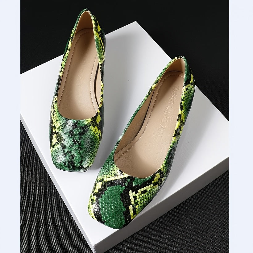Women's Snake-Print Square Toe Low Block Heel Slip-On Shoes - Vibrant Green Faux Cover Comfortable Casual & Formal Dress Shoes with Non-Slip Rubber Sole, All-Season Versatile (Extended Sizes Available), Everyday Stylish Wear,