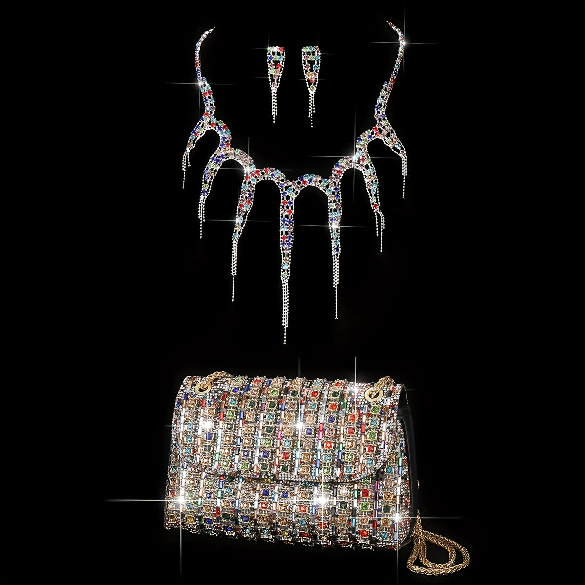 4pcs Of Luxurious Ladies' Dinner Clutch Bag with Jewelry, 1 Set Of Sparkling Wedding Party Ball Banquet Clutch Bag, - Elegant Multi-color PU Handbag with Adjustable Shoulder Strap, Ladies' Necklace And Earrings