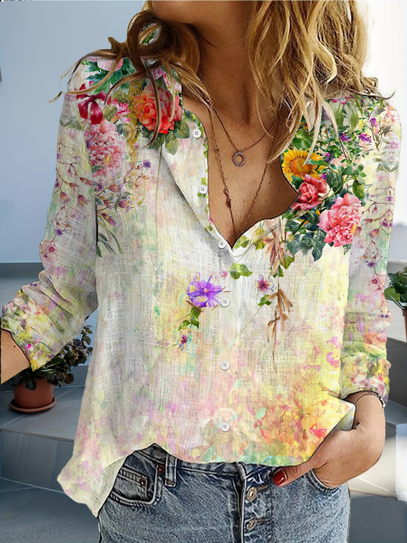 Women'S Floral Print Long Sleeve Button-Up Shirt - Vibrant Tie-Front Design, Casual Spring/Fall Fashion, Lightweight Polyester, Multiple Colors Available, Floral Print Blous