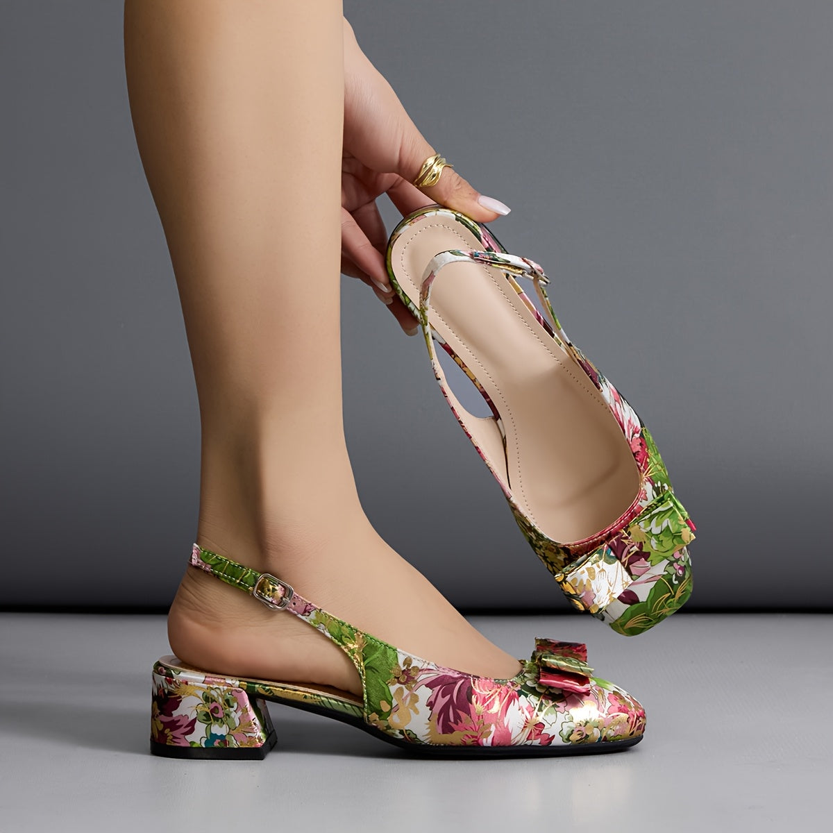 Elegant Floral Square Toe Women’s Sandals - Mid-Chunky Heel, Fabric Upper with Faux Cover Inner Lining, Rubber Sole, Perfect for Summer Outfits and Formal Events, High Heel Sandals
