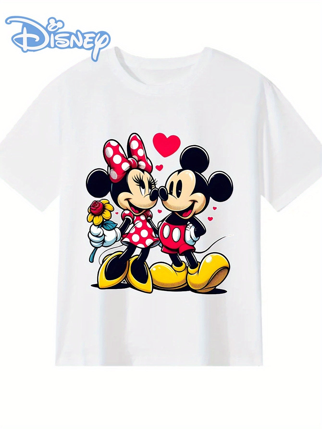 Disney Licensed Minnie & Mickey Mouse Love Print Women's T-Shirt - 100% Cotton Soft Breathable Crew Neck Tee with Heart & Rose Design, Cute Casual Summer Top for Daily Wear & Workouts, Sizes S-XXL, Disney Shirts