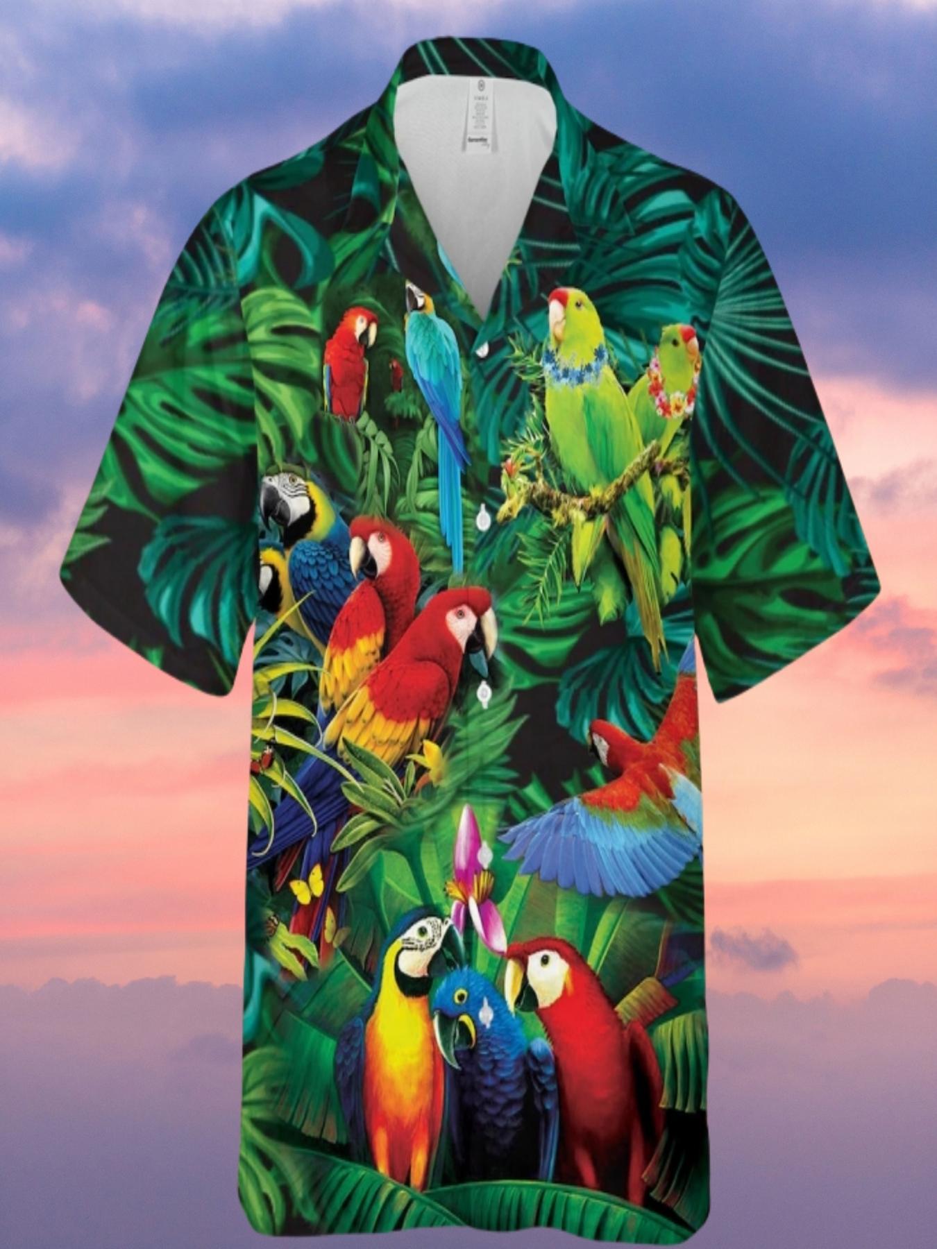 Men's Hawaiian Shirt - Tropical Parrot & Foliage Print, Unisex Loose Fit Short Sleeve Button-Up, Breathable Lightweight Fabric for Beach Vacation & Casual Summer Wear, Machine Washable, Romantic Resort Attire, Semitransparent