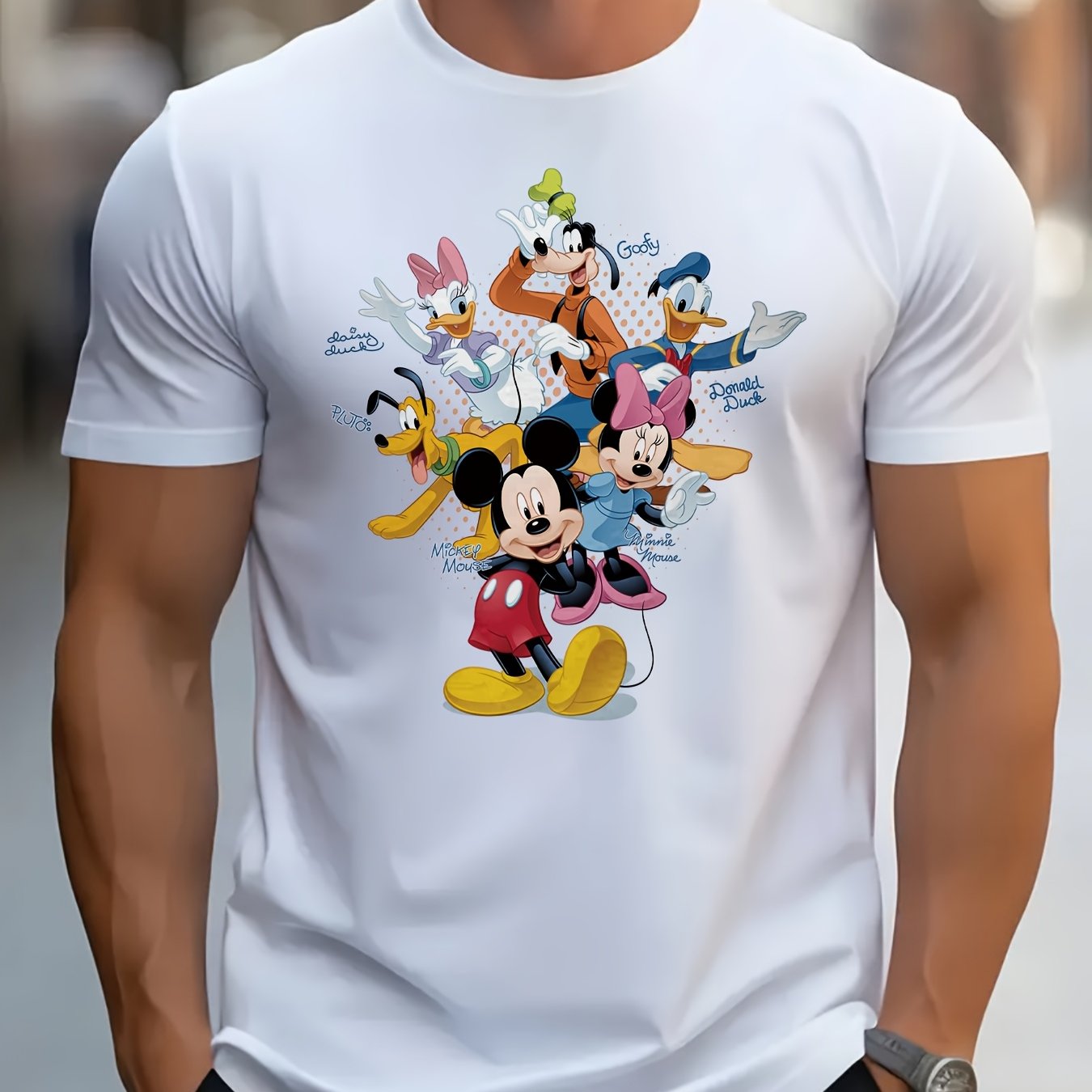Disney Mickey Mouse & Friends Graphic T-Shirt for Men - 100% Cotton 220gsm Casual Short Sleeve Tee with Vibrant Cartoon Print, Round Neck Regular Fit for Beach Vacations, Family Outings & Birthday Gifts (Disney Fans), Disney