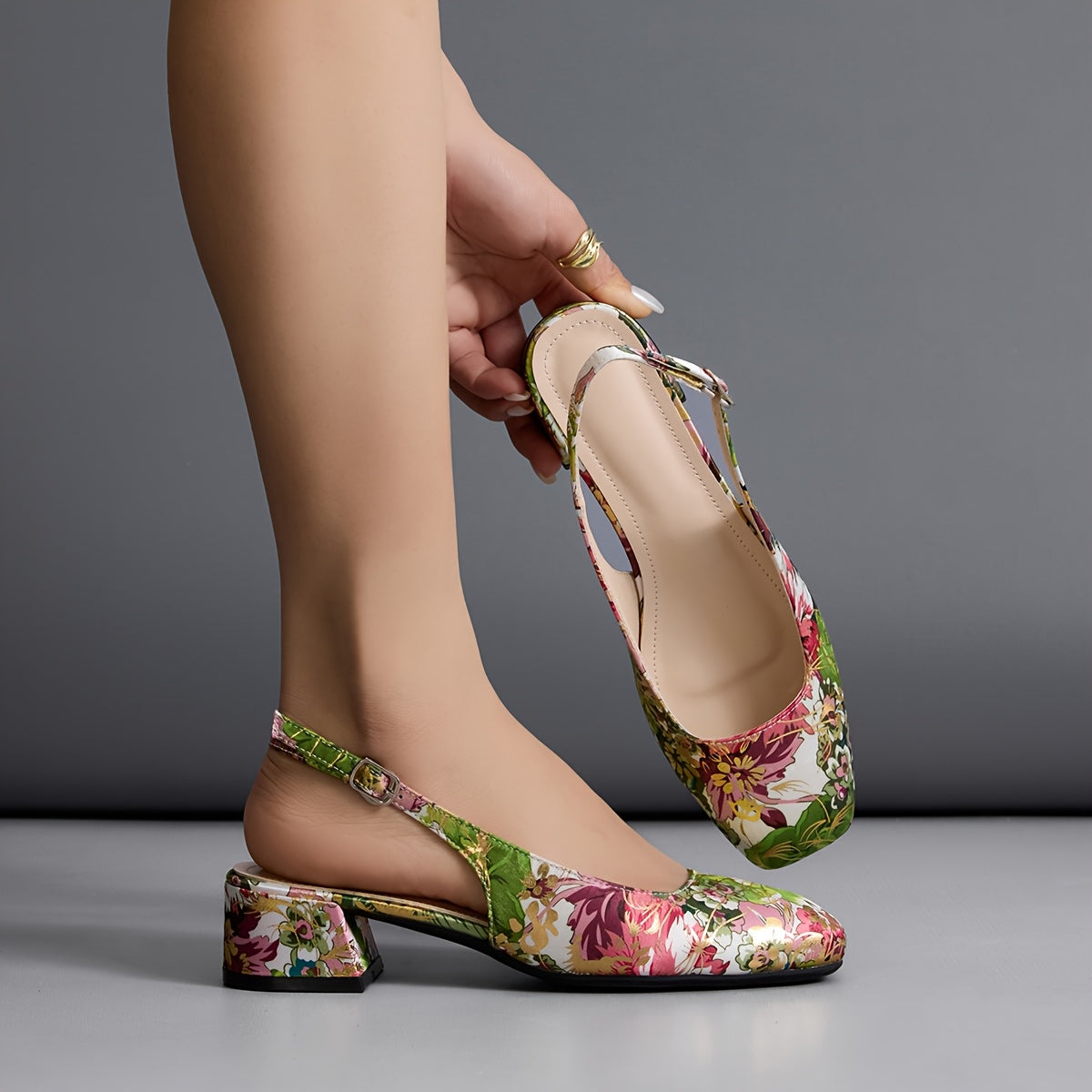 Elegant Women's Floral Mid-Chunky Heel Sandals - Square Toe, Ankle Strap, Faux Cover Lining, Rubber Sole, Summer Dress Shoes in Vibrant Green, Red & Pink Floral Pattern, Semiformal Shoes | Floral Wedge Sandals | Rubber Sole S
