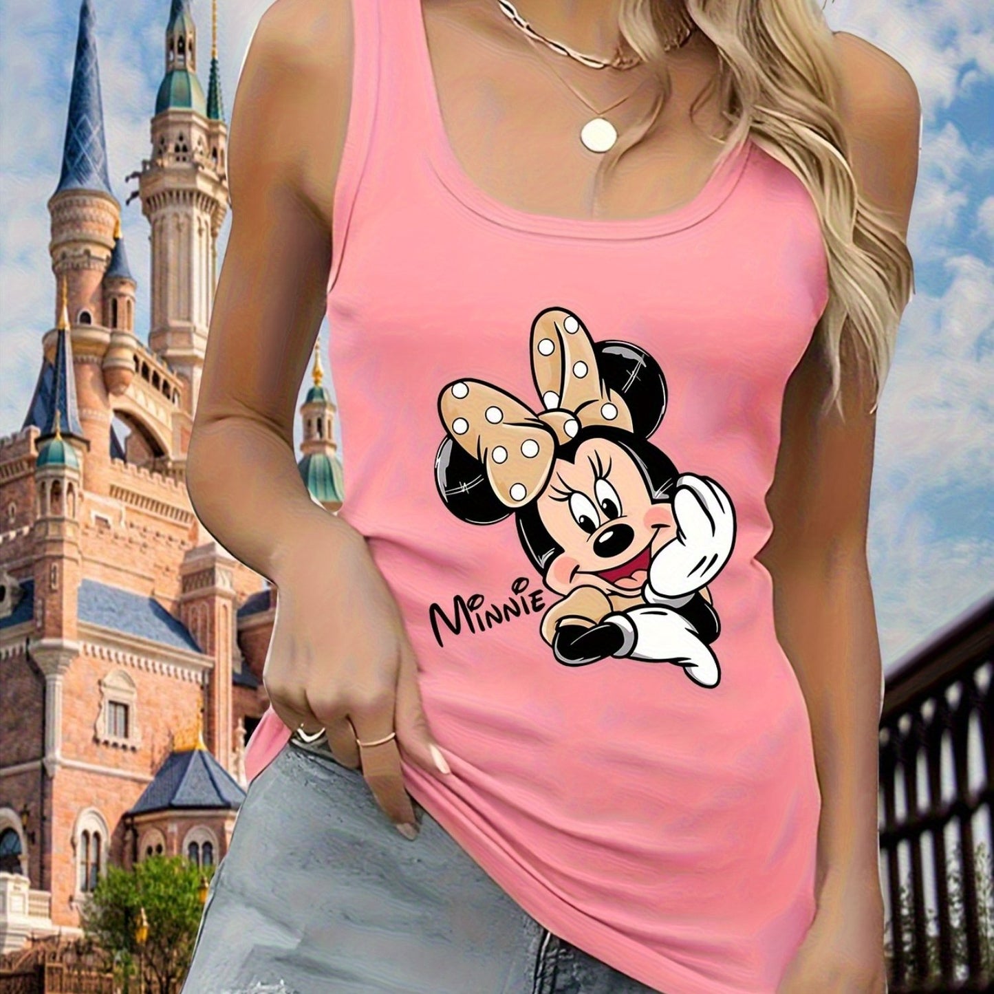 Women'S Sleeveless Tank Top, Minnie Mouse Pattern Print, Lightweight and Breathable Summer Beachwear, Casual Sleeveless Top, Cartoon Pattern, Machine Washable Vacation Clothing | Cartoon Printed Top | Decorative Print, Licens