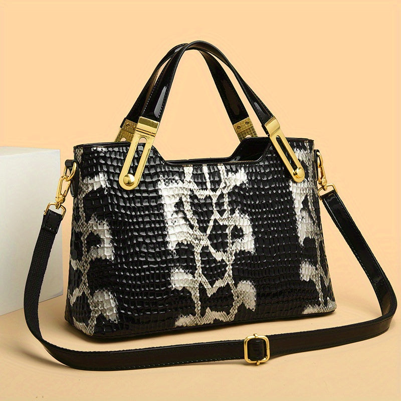 Large Capacity Crocodile Embossed Synthetic Crossbody Bag Black Vintage European American Style Shoulder Bag with Golden Tone Hardware Zipper Closure Polyester Lining