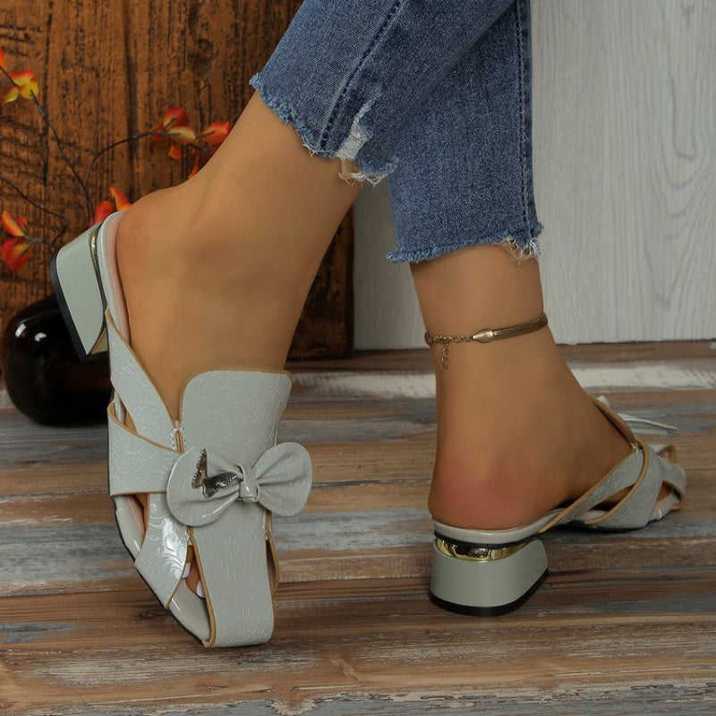 Women'S Summer Butterfly Open-Toe Slide Sandals - Low Heel, Solid Color, Rubber Sole, Faux Cover Upper, Bow Detail, Comfortable & Stylish for Casual Wear, Strappy Sandals