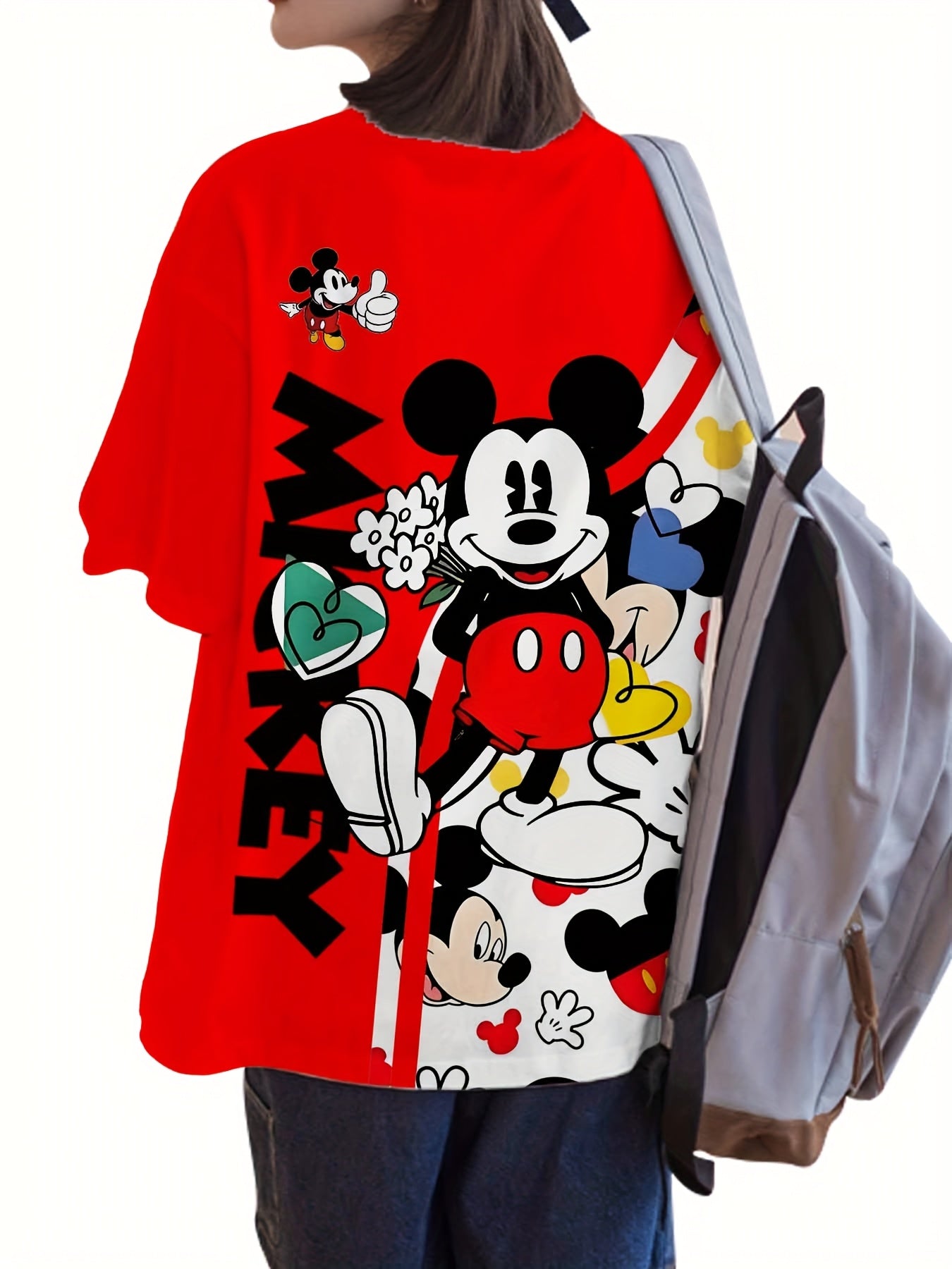 Disney Mickey Mouse Women's Large Size 3D Printed T-Shirt - Vibrant Red Casual Short Sleeve Top with Playful Cartoon Graphics, Machine Washable Spring/Summer Tee, Spring Summer Apparel, Durable Digital Print