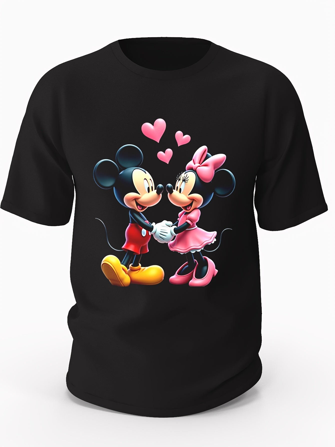 Mickey and Minnie Mouse Love Graphic Cotton T-Shirt - All-Season Crew Neck, Short Sleeve, 220g/m², Black with Vibrant Mickey & Minnie Design, Casual Sporty Style, Hand Wash Only, Sporty Tshirt | Romantic Print Shirt | Durabl