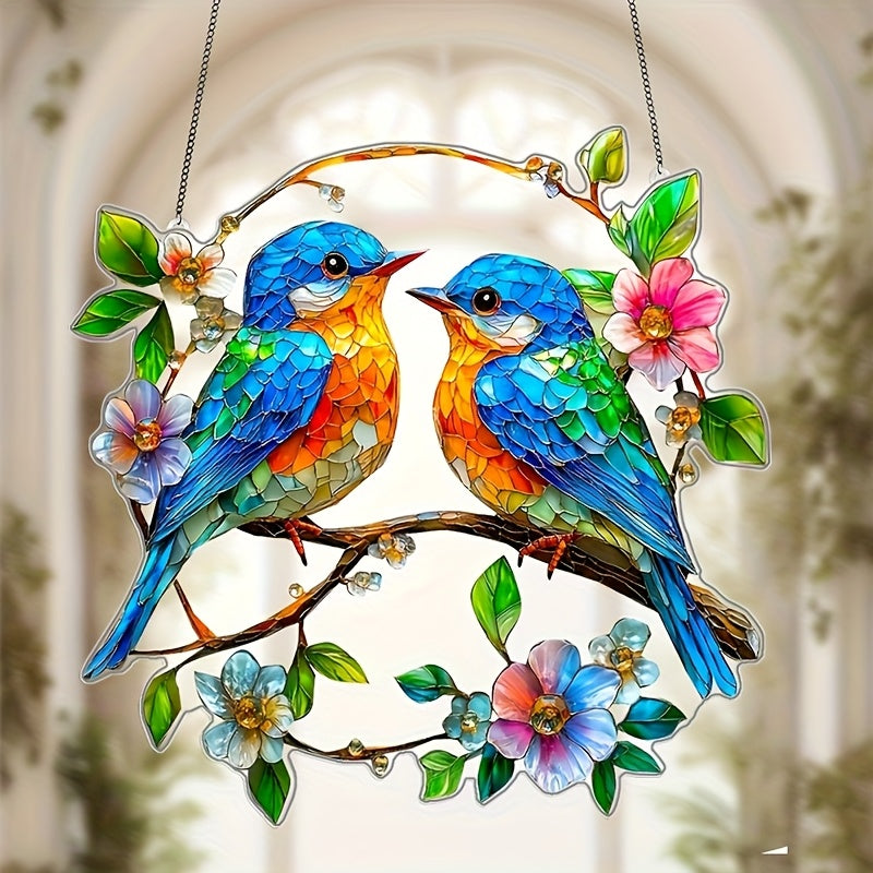 2D Flat 1pc Acrylic Blue Birds Garden Suncatchers 8x8 Window Hanging Gifts for Bird Lovers Home Decor