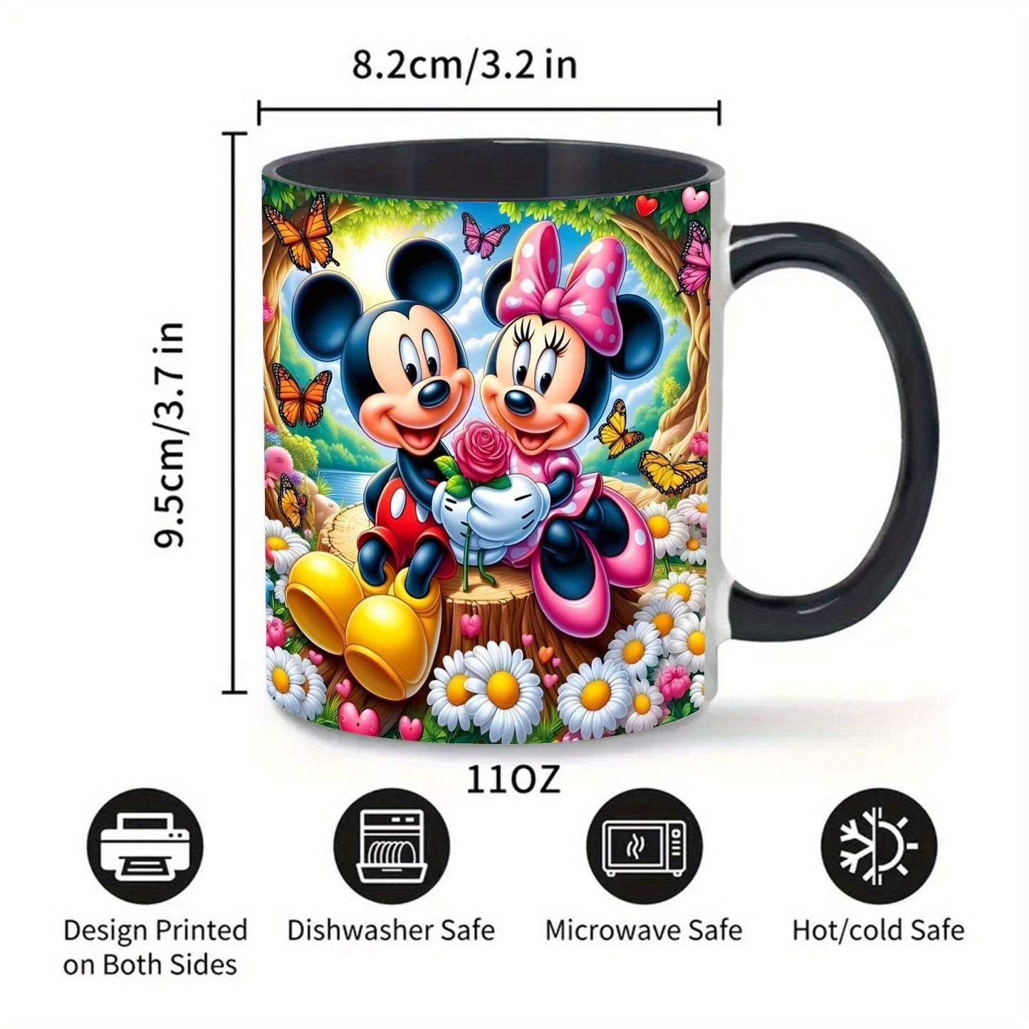 1pc Disney Mickey & Minnie Mouse 11oz Mug - Vibrant Tropical Design with Flowers, Butterflies & Hearts - Durable Coffee Tea Cup for Home, Office, Restaurants - Perfect Birthday Easter Gift for Disney Fans
