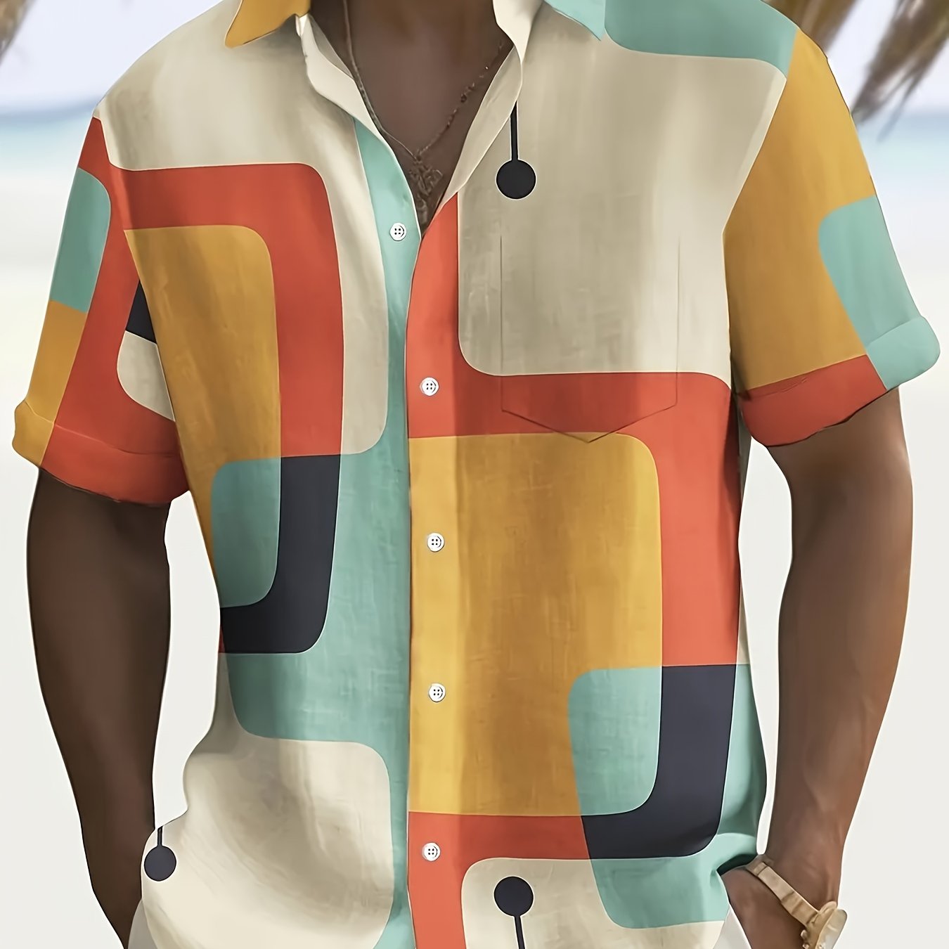 Men's Retro 1950s Geometric Atomic 3D Printed Short Sleeve Shirt 100 Percent Polyester Bright Color Block Design Regular Cut Chest Pocket Summer Casual Wear