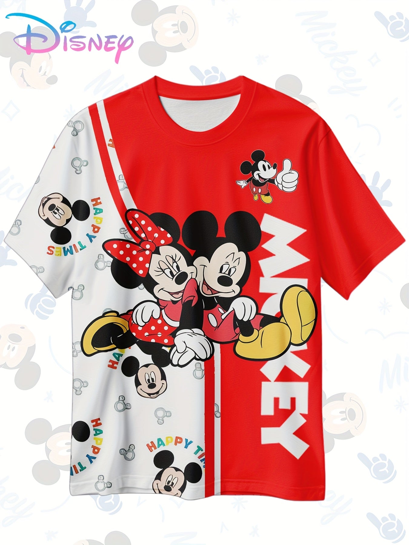 Disney Mickey 3D Printed Large Size T-shirt, Mickey 3D Red And White Stitching Printed Short Sleeves, Disney Mickey Mouse Large Size Women'S Clothing