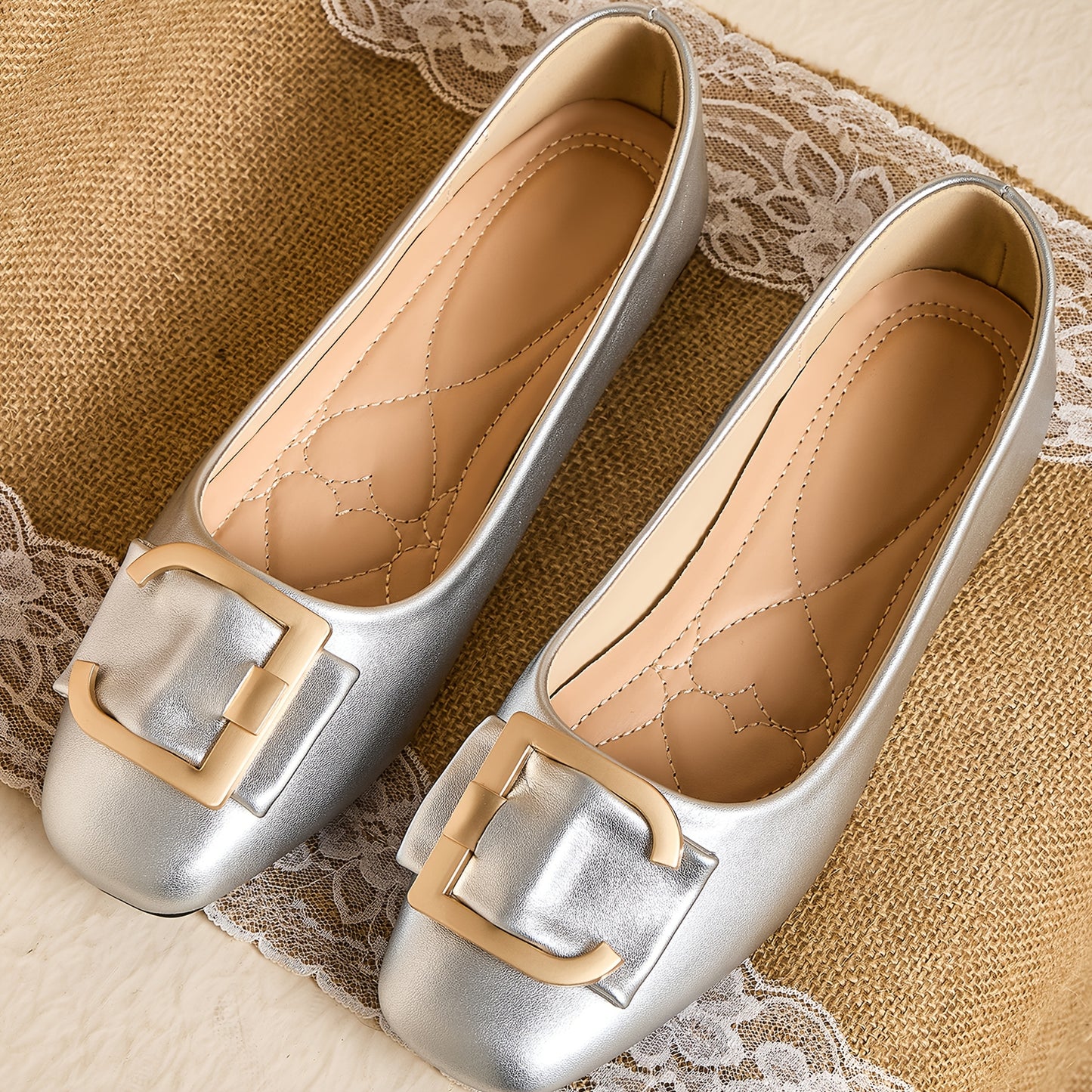 Women's Elegant Square Toe Flats - Summer 2025 Collection, Breathable Faux Cover Slip-On Shoes with Golden Buckle Detail and Soft Rubber Sole