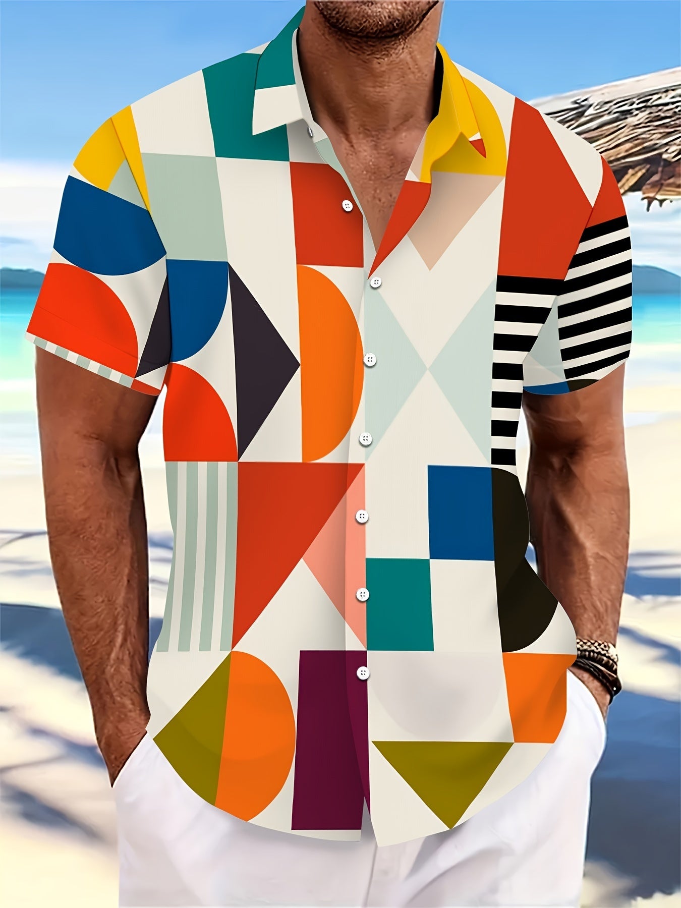 Men's Quick-Dry Breathable Hawaiian Shirt with Vibrant Geometric Print Short Sleeve Button-Up Casual Shirt for Summer Beachwear and Outdoor Activities Lightweight Fabric