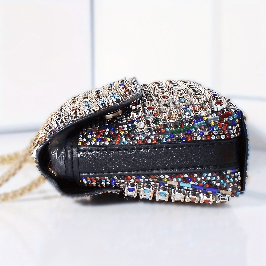 Luxurious Rhinestone and Beaded Women’s Evening Clutch Elegant Multicolor PU Handbag with Adjustable Strap and Golden Tone Hardware for Banquets Weddings and Formal Events