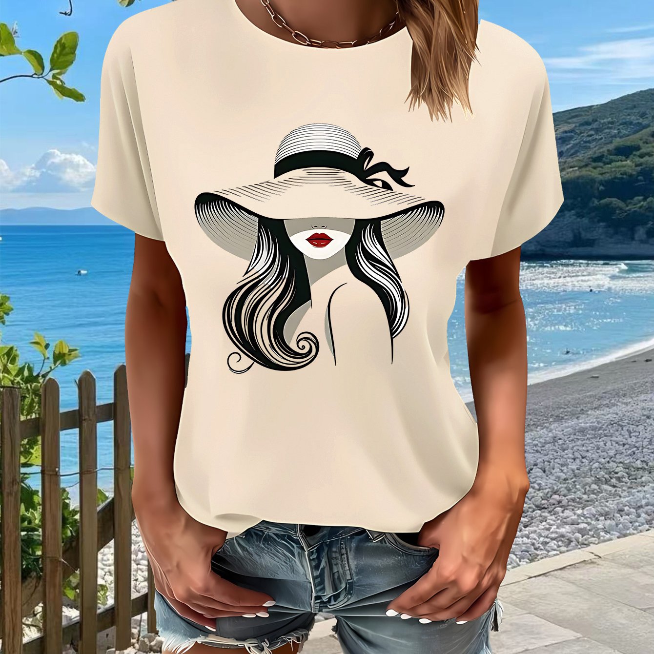 Hat Lady Gift 1pc New Women'S Summer T-Shirt, Printed, Short Sleeved Top, White, Red, Black, Green, Pink, Gray, Apricot, for Home, Outdoor, Party, Sports, Work, Vacation