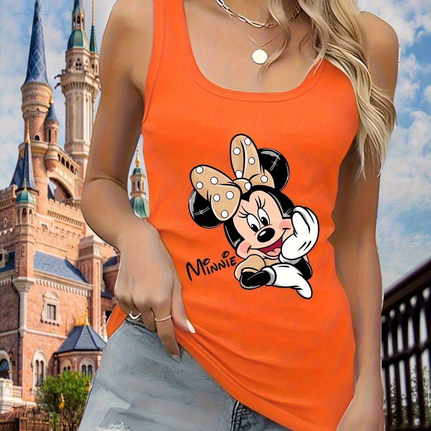 Women'S Sleeveless Tank Top, Minnie Mouse Pattern Print, Lightweight and Breathable Summer Beachwear, Casual Sleeveless Top, Cartoon Pattern, Machine Washable Vacation Clothing | Cartoon Printed Top | Decorative Print, Licens