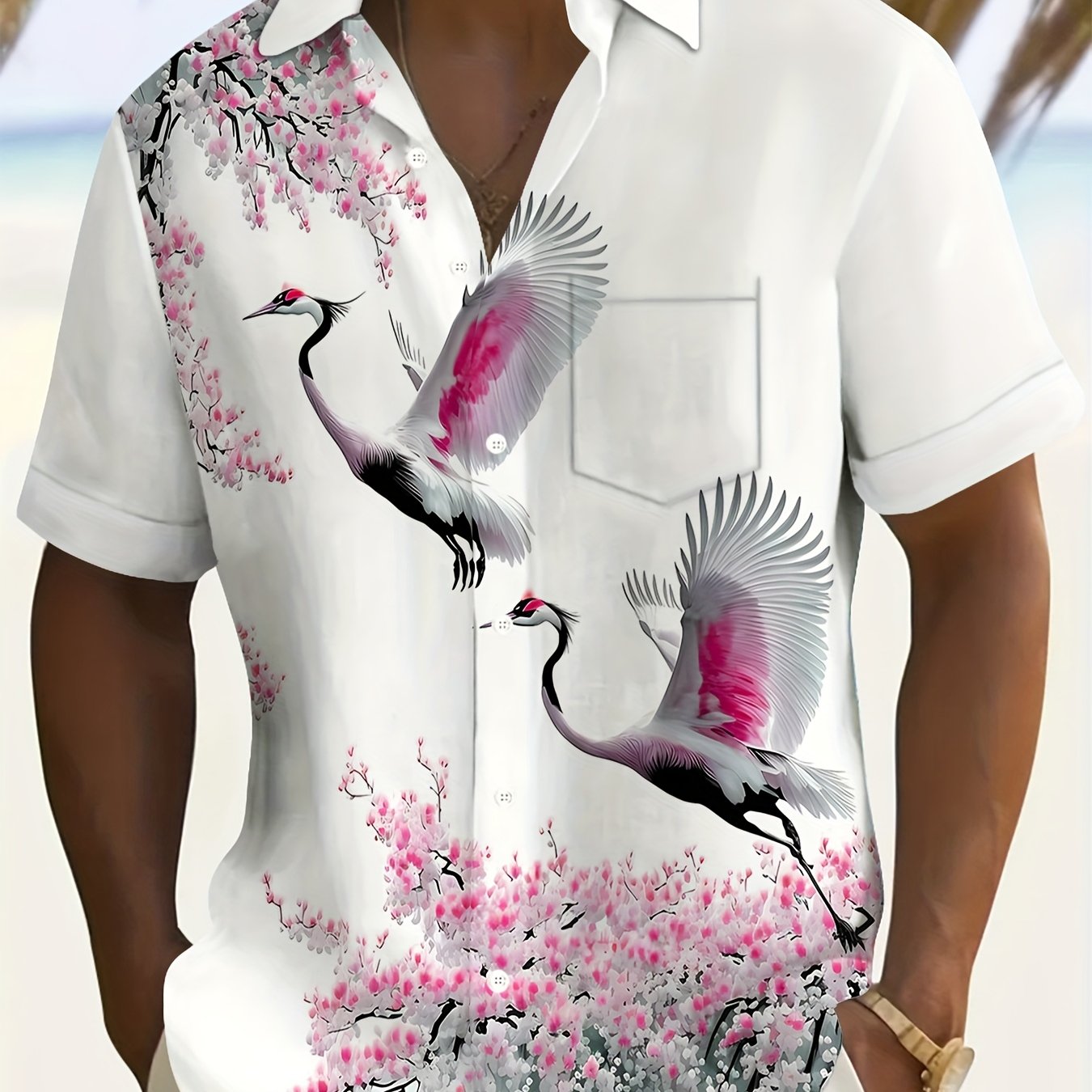 Men's Lightweight Polyester Short-Sleeve Shirt with Vibrant Red-Crowned Crane & Cherry Blossom Print, Casual Lapel Collar, Summer Fashion Top for Adults & Teens, Beach Attire | Vibrant Pattern Tee | Glossy Finish Shirt