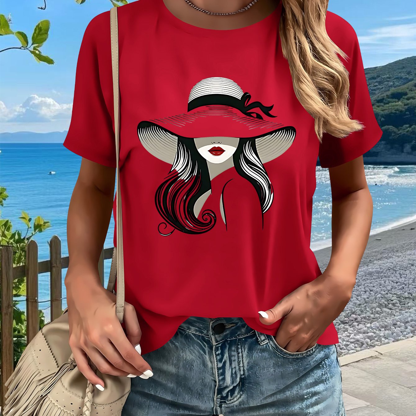 Hat Lady Gift 1pc New Women'S Summer T-Shirt, Printed, Short Sleeved Top, White, Red, Black, Green, Pink, Gray, Apricot, for Home, Outdoor, Party, Sports, Work, Vacation