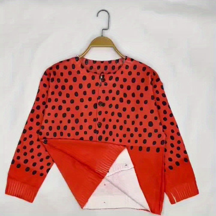 Plus Size - Women'S Plus Size Casual Red & White Polka Dot Print Cardigan - Lightweight Long Sleeve Open Front Button Sweater for Spring/Fall Layering, Hand Wash Only, Cardigan Sweater, Spring Outerwear, Trendy Knitwear, Text