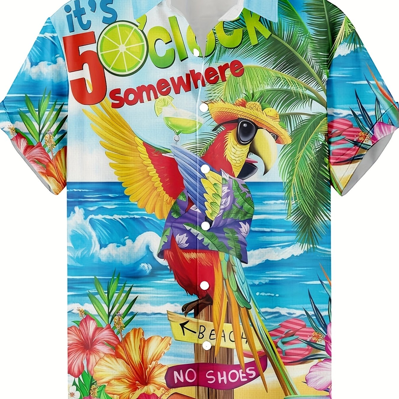 Men's Vibrant Tropical Parrot 3D Print Hawaiian Shirt - Short Sleeve Button-Up with Palm Tree & Ocean Design, Breathable Summer Beachwear for Teens & Young Adults, Casual Streetwear, Street Style Apparel, Playful Graphic Tee