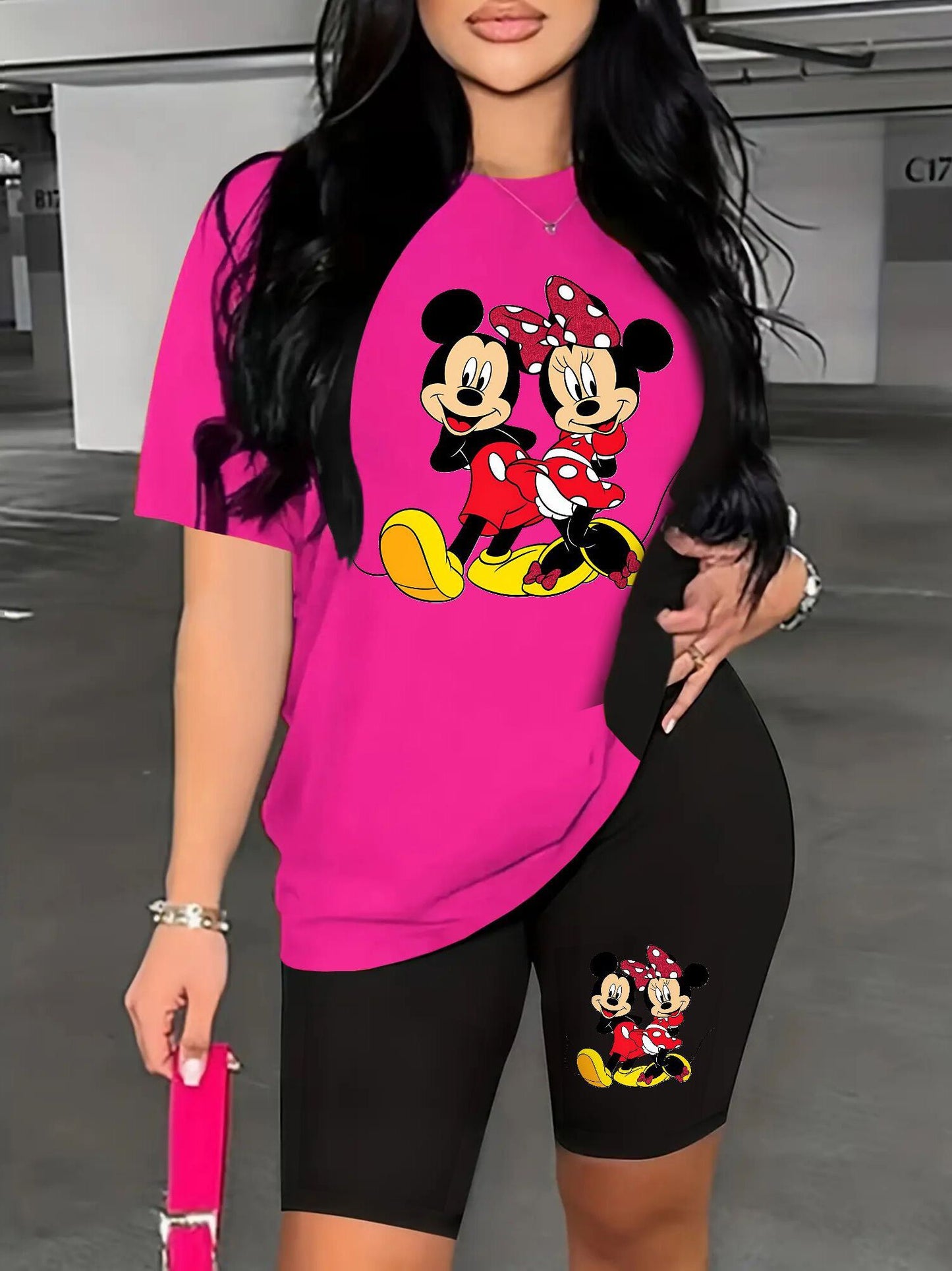 A Two-Piece Outfit Featuring a Printed Short-Sleeve T-Shirt with Dropped Shoulders And Cropped Leggings, Designed for Plus-Size Women, Licensed with Mickey And Minnie.