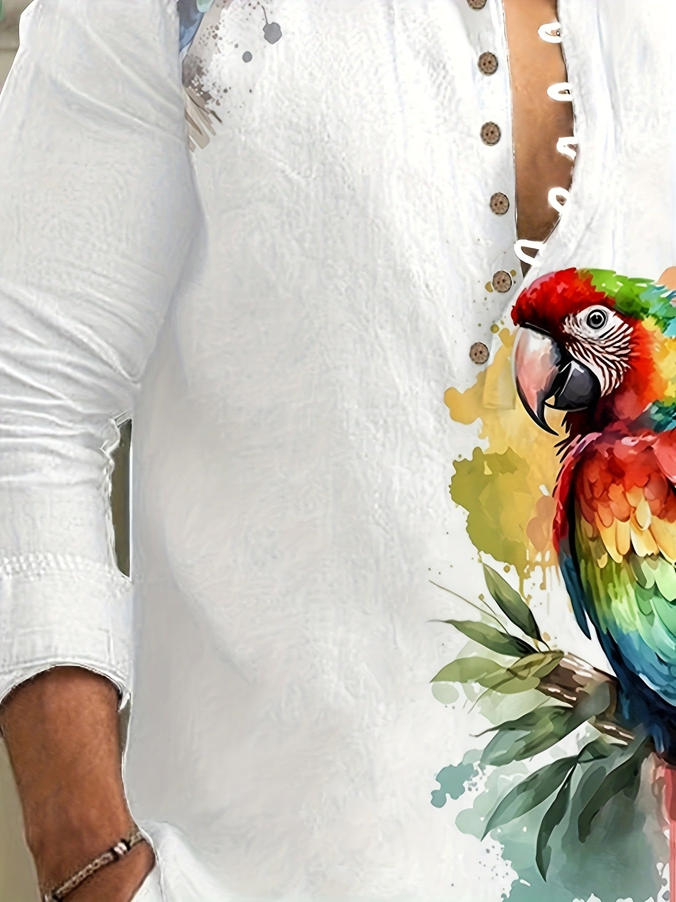 Men'S Casual Long Sleeve Button-Up Shirt with Vibrant Parrot & Floral Print - White, Stand Collar, Mandarin Style, Perfect for Spring & Fall, Casual Attire, Casual Wear | Vibrant Print Shirt | Mandarin Collar Shirt