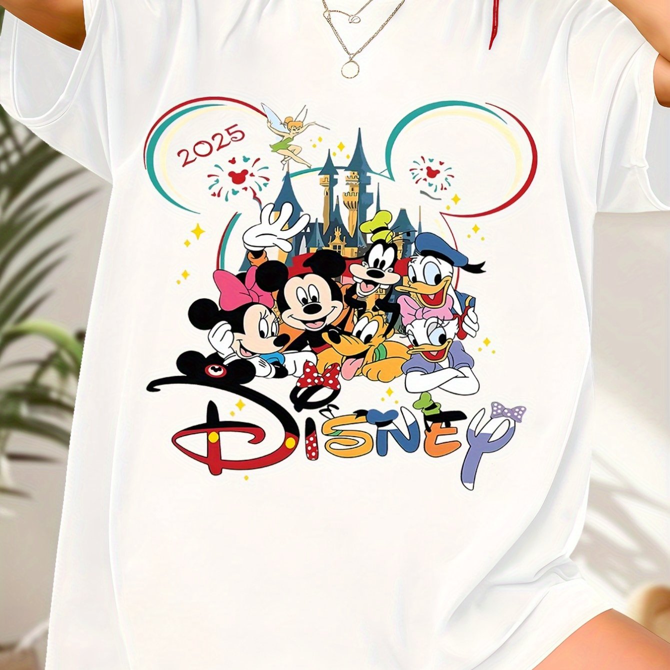 Plus Size, Disney Mickey & Friends 2025 Celebration Women's Plus Size T-Shirt - Soft Cotton Short Sleeve Tee with Cartoon Graphic Print, Fireworks & Cinderella Castle Design, Ideal Birthday Gift for Family & Friends, Casual &