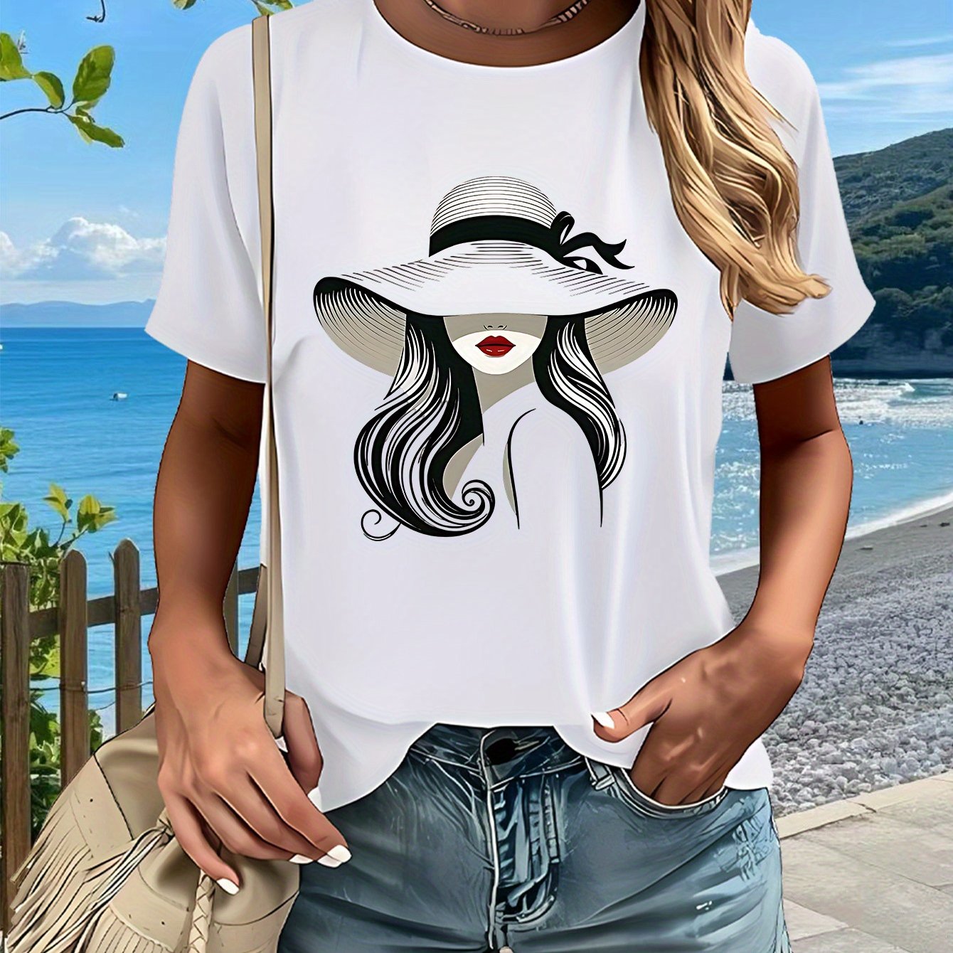 Hat Lady Gift 1pc New Women'S Summer T-Shirt, Printed, Short Sleeved Top, White, Red, Black, Green, Pink, Gray, Apricot, for Home, Outdoor, Party, Sports, Work, Vacation